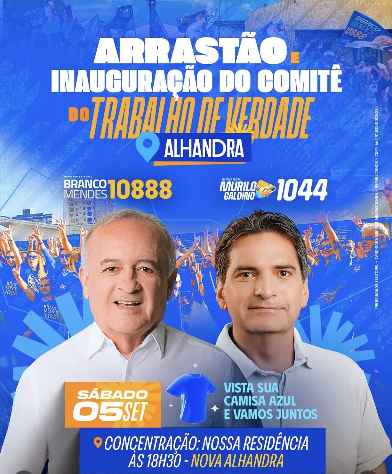 Branco Mendes e Murilo Galdino mobilizam Alhandra neste sábado com grande arrastão e inauguração de comitê